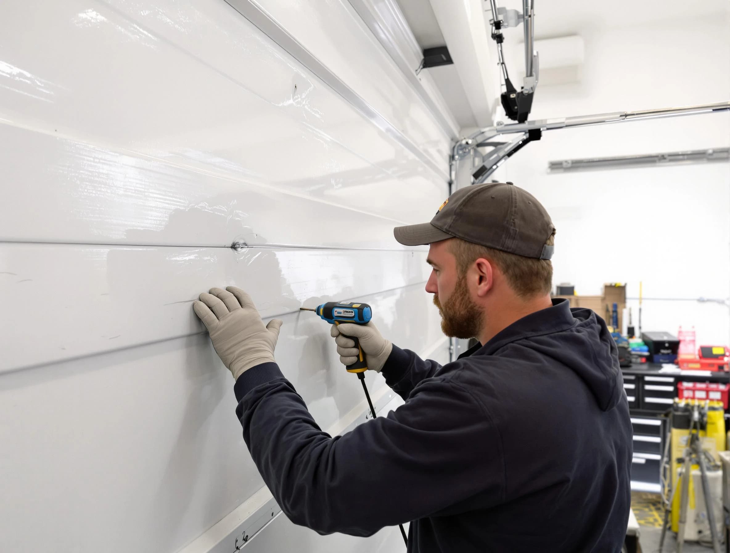 Edison Garage Door Repair technician demonstrating precision dent removal techniques on a Edison garage door